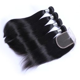 Бразильские прямые удлинитель для волос для волос 4 пакета с закрытием Бесплатная Средняя 3 Часть Двойной уток, вытесняемый DHL