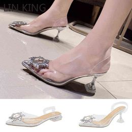 LIN KING New Summer Women Pumps High Heels Bling Crystal Shoes Sexy Pointed Toe Ladies Party Dress Shoes Transparent Slippers Y220225