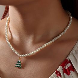 Fashion Kpop Pearl Choker Necklace Christmas Tree Snowman Bells Snowflake Pendant Necklace For Women Jewelry Girl Party Gift