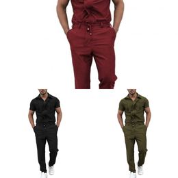 Fashion Men Jumpsuits Short Sleeve Slim Fit Cargo Overalls 2020 Casual Solid Joggers Streetwear Pants Mens Rompers Plus Size X0610