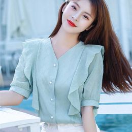 Korean Chiffon Women Blouses Shirts Woman Ruffles Shirt Ladies White Tops Plus Size Lady V-neck Blouse Blusas Mujer De Moda 210531