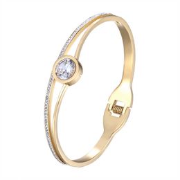 Bilateral Zircon and Crystal Bracelets & Bangle for Woman Stainless Steel Gold Colour Cuff Bangle Love Jewellery Wedding Gift Q0719