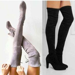 2023 Women Thigh High Boots Fashion Suede Leather High Heels Lace Up Female Over The Knee Boots Plus Size Shoes Knee High Boots H1116