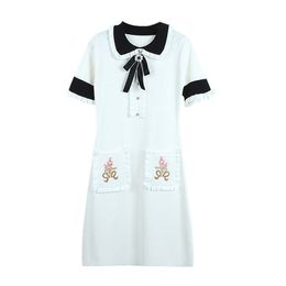 Black White Peter Pan Collar Bow Embroidery Vintage Elegant Fit And Flare D1134 210514