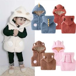 Children's Vest Autumn Sleeveless Cartoon Clothes Unisex Baby Hooded Jacket Plus Velvet Kids Warm Clothing Casual Outwear 211203