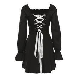 Women Spring Black Slash Neck Long Sleeve Solid Lace-up Back Elegant Mini Dress D2024 210514