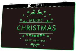 LS3308 Merry Christmas Happy Year 3D Engraving LED Light Sign Wholesale Retail