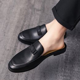 Summer Men Dress Shoes Half Slippers High Quality Men Leather Casual Shoes Simplicity Black Loafers Slippers Lightweight Flats