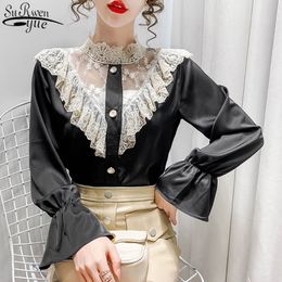 Autumn Silky Low-cut Lace Stitched Long Sleeve Women's Shirt Ruffled Single Breasted Bottomed Top Blusas Mujer 12475 210427