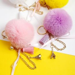 Keychains 2021 Lovely Eiffel Tower Natural Fur Pompom Furry Ball Keychain For Women Key Chains Bag Imititated Pearl Pendent D521