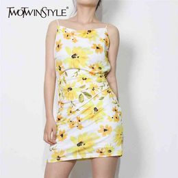 Yellow Print Sling Dress For Women Square Collar Sleeveless Backless High Waist Mini Dresses Female Summer 210520