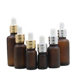 Empty Cosmetic Packaging Essential Oil Bottle Gold Silver Rolling Sand Ring White Rubber Top Brown Frost Glass Dropper Vials 5ML 10ML15ML 20ML 30ML 50ML 100ML