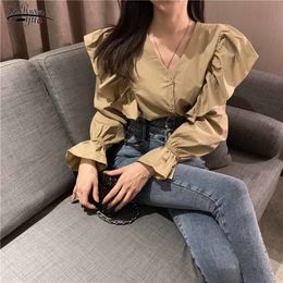 Autumn Korean Fashion Clothing Ruffles V-neck Long-Sleeved Shirt Women Cardigan Elegant Women's Blouse Blusas 9656 210508