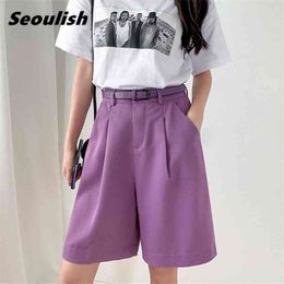 Seoulish Summer Women's Shorts with Belted Solid High Waist Office Wide Leg Elegant Purple Loose Trousers Pocket 210719