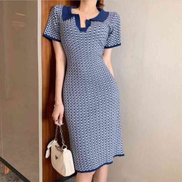 Summer Korean Fashion Casual Plaid Knitted Sweater Dress Women Short Sleeve Slim Bodycon Vintage Party Dresses Robe Femme 210514