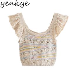 Fashion Women Pointelle Knit Top Sexy Hollow Out O Neck Ruffled Sleeve Summer Tops Chic Blouse 210430