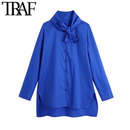 TRAF Women Fashion With Bow Loose Asymmetric Blouse Vintage Long Sleeve Button-up Female Shirts Blusas Chic Tops 210415