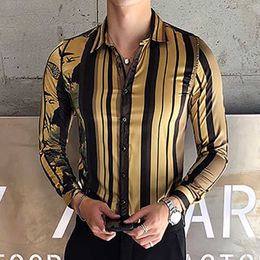 Gold Striped Shirt Men Casual Slim Fit Long Sleeve Mens Dress Shirts Luxury Streetwear Social Tuxedo Clothing Blusa Masculina 210527
