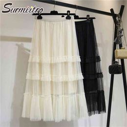 Spring Summer Elegant Korean Style 3 Layers Mesh Women High Waist Long Midi Tulle Pleated Skirt Female 210421