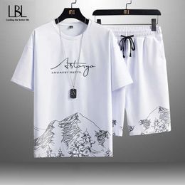 Men's T-shirt + Shorts Set Summer Breathable Casual T shirt Running Sets Fashion Harajuku Printed Male Sport Suit 2021 New X0610