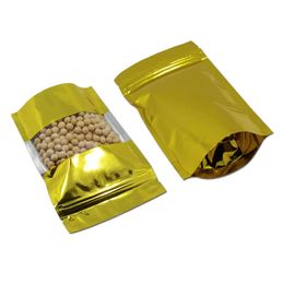 12x20 cm 100 Pieces Gold Stand Up Aluminium Foil Zipper Food Valve Reusable Packing Bags Mylar Foil Clear Window Food Storage Packaging