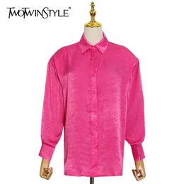 Rose Red Casual Loose Shirts For Women Lapel Long Sleeve High Waist Straight Minimalist Blouses Female Fashion 210524