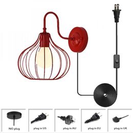 metal headboard UK - Wall Lamp Modern Light Fixtures Plug In Cord, Red Metal Cage Light,e27 e26, Retro Indoor Sconce For Beside Headboard