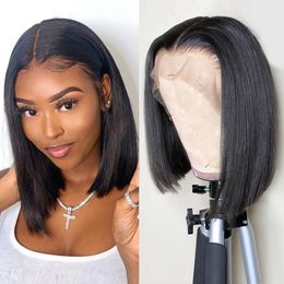 Blunt Cut Brazilian Front Human Straight Bob Ladies Wig Remy 4X4 Lace Closed Baby Hair