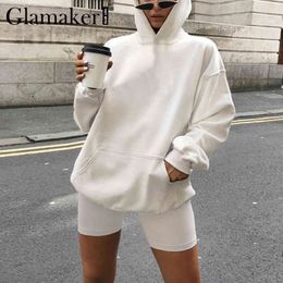 Glamaker Long sleeve suit sets Women sweatshirt hoodie and biker shorts 2 piece set Fashion solid autumn co ord sweat suits 210412