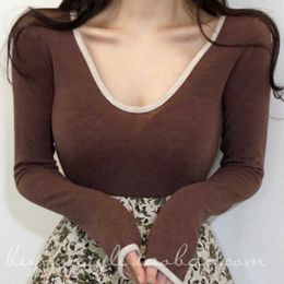 WOMENGAGA Korean Spring Summer Top Slim Coffee Brown V-neck Low Bust Tight Sexy T-shirt Female Tops Vintage Women Q587W 210603