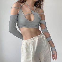 T Shirt Women Y2k Punk Women's Halter Tops Gothic Grey Girl Patchwork Long Sleeve Crop Summer Sexy Cut Out Solid T-shirts 220307