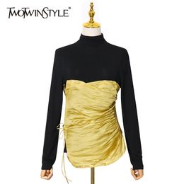 TWOTWINSTYLE Lace Up Patchwork T Shirt For Women Turtleneck Long Sleeve Ruched Casual T Shirts Female Fashion Clothing 210517