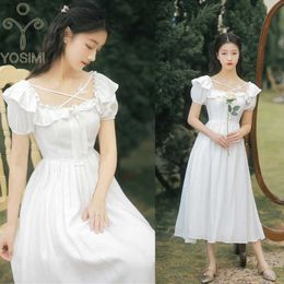 YOSIMI White Long Women Dress Summer Elegant Evening Party Square Collar Cotton Mid-calf Fariy Empire Sleeve Dresses 210604
