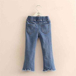Spring Autumn Casual 3-12 Years Children Elastic Long Pants Washed Tassel Baby Kids Girls Wide Leg Flared Denim Jeans 210701