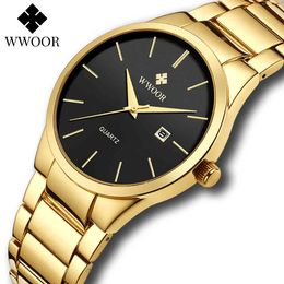 2021 WWOOR Gold Watch Men Luxury Business Mens Quartz Wristwatches Stainless Steel Waterproof Sports Auto Date Relogio Masculino