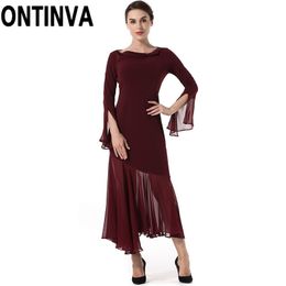 Women Vintage Dress Elegant Mesh Stitching Sexy Slim Long Solid Colour Flare Sleeve Irregular Heap Collar Christmas es 210527