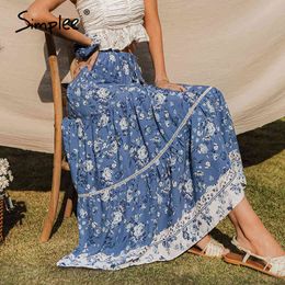 Ruffled vintage ladies Causel elegant floral skirt Women vacation print long skirts female Spring summer beach 210414