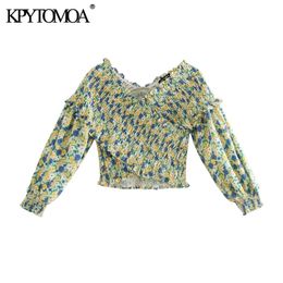 Women Fashion Floral Print Elastic Smocked Cropped Blouses Three Quarter Sleeve Female Shirts Chic Tops 210420