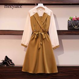 Plus Size Women Elegant OL A-Line Dress Autumn 2019 Fashion Notched Collar Long Sleeve Patchwork Vintage Tunic Ladies Dresses Y1006