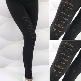 Summer Fashion Sexy Lace Torn Ripped Hole Leggings Women Gothic Slim Elastic Black Bandage Pants Thin Wear 211215