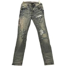 Jeans da uomo Pantaloni da mendicante stampati da uomo slim fit nuovi di zecca lavati usurati danneggiati blu chiaro con buco grande alla moda
