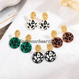 Korean Green Leopard Print Round Alloy Drop Earrings for Women Retro Gold Metal Geometric Dangle Earrings Trend Jewellery Gifts
