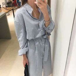 Spring Women Dresses Autumn Elegant Casual Striped Dress Fashion Cotton and Linen Lace Up Single Breasted Vestidos 8777 210527