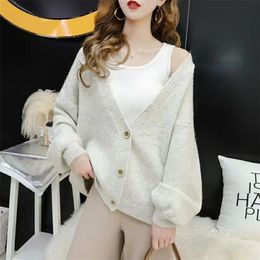 Women Sweater Knitted Cardigans Solid V-neck Full Sleeve Coat Outwear Spring And Autumn Casual 210427