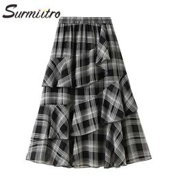 SURMIITRO Fashion Summer Long Skirt Women Korean Style Black Plaid Ruffles Aesthetic High Waist Midi Pleated Skirt Female 210712