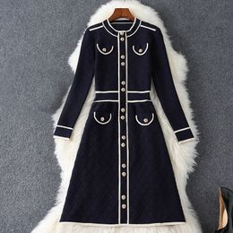 2022 Spring Long Sleeve Round Neck Blue White Contrast Colour Stretch Knitted Panelled Buttons Single-Breasted Dress Elegant Casual Dresses 21S138B459