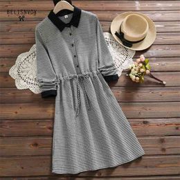 Preppy Style Spring Autumn Women Leisure Dress Turn-Down Collar Vintage Plaid Long Sleeve Cotton Linen Vestidos 210520