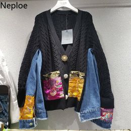Neploe New Arrival Knitted Cardigan Chinese Style Patchwork Cowboy Sweaters Women Chic Embroidery Loose Sueter Coat 94552 210422