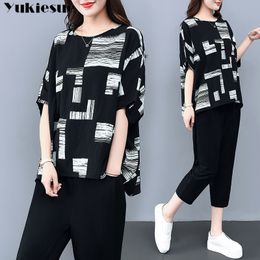 Womens OL Summer 2 Piece Sets Print short sleeve chiffon Top + Plus Size Black harem Pants Suit Elegant Women Vintage Sets 210519