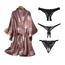 Women's Sleepwear Ladies Silk Satin Print Robe Comfort Fresh Style Plant Printed Sexy Nightgown Femme Homewear With Pants